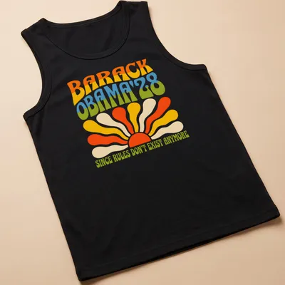 Psychedelic design with Barack Obama text and colorful patterns — printed on a tank top
