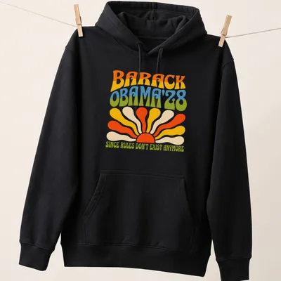 Psychedelic design with Barack Obama text and colorful patterns — printed on a unisex hoodie