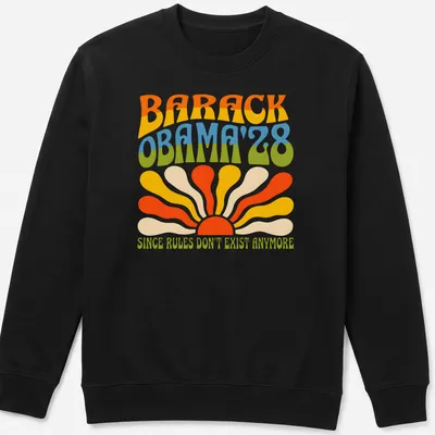 Psychedelic design with Barack Obama text and colorful patterns — printed on a unisex sweatshirt
