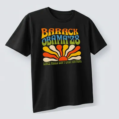 Psychedelic design with Barack Obama text and colorful patterns — printed on a unisex t-shirt (angled view)