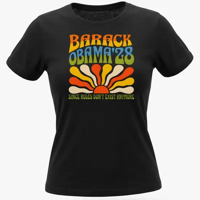 Psychedelic design with Barack Obama text and colorful patterns — printed on a women's shirt