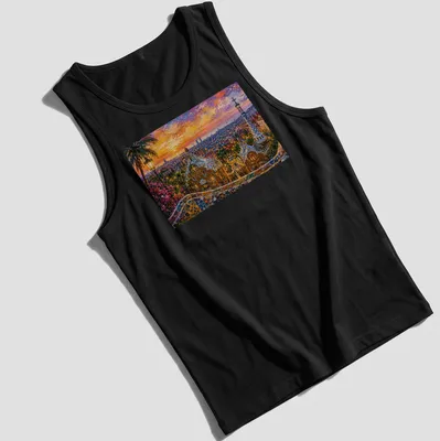Impressionist cityscape of Barcelona at night in vibrant colors — printed on a tank top