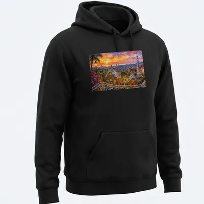 Impressionist cityscape of Barcelona at night in vibrant colors — printed on a unisex hoodie