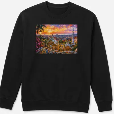 Impressionist cityscape of Barcelona at night in vibrant colors — printed on a unisex sweatshirt