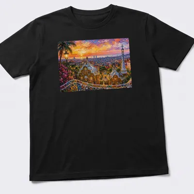 Impressionist cityscape of Barcelona at night in vibrant colors — printed on a unisex t-shirt