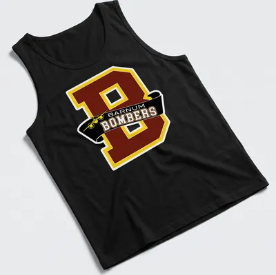 Collegiate style Barnum Bombers logo t-shirt in maroon, yellow, and black — printed on a tank top
