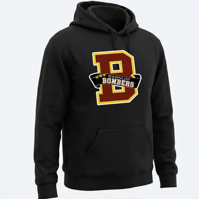 Collegiate style Barnum Bombers logo t-shirt in maroon, yellow, and black — printed on a unisex hoodie