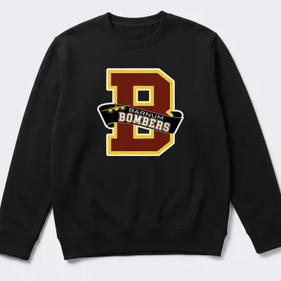 Collegiate style Barnum Bombers logo t-shirt in maroon, yellow, and black — printed on a unisex sweatshirt