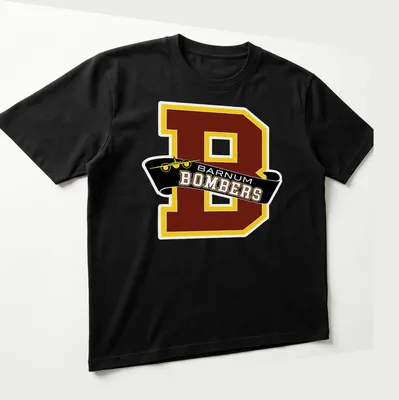 Collegiate style Barnum Bombers logo t-shirt in maroon, yellow, and black — printed on a unisex t-shirt (angled view)