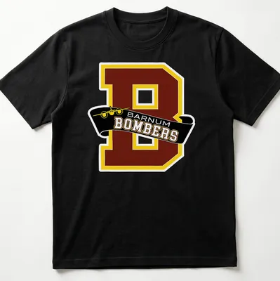 Collegiate style Barnum Bombers logo t-shirt in maroon, yellow, and black