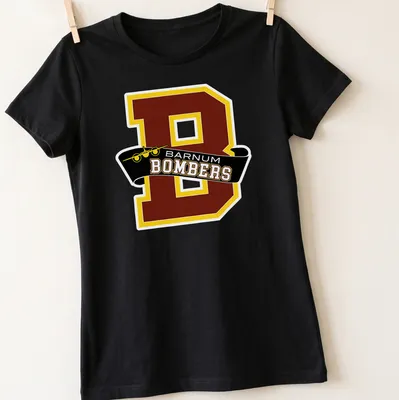 Collegiate style Barnum Bombers logo t-shirt in maroon, yellow, and black — printed on a women's shirt