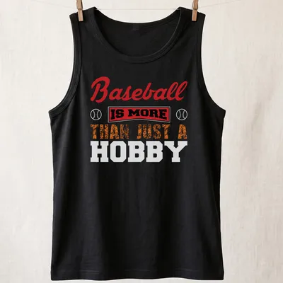 Bold typography Baseball Is More Than Just A Hobby shirt in red, black, orange and white — printed on a tank top