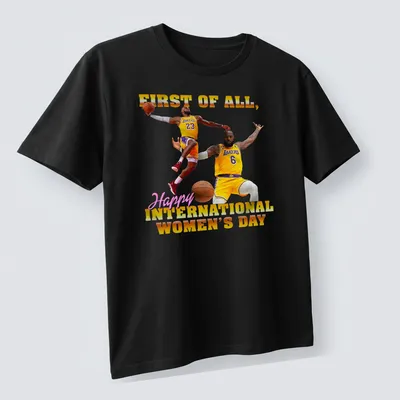 Funny Basketball Meme t-shirt celebrating International Women's Day with animated players — printed on a unisex t-shirt (angled view)
