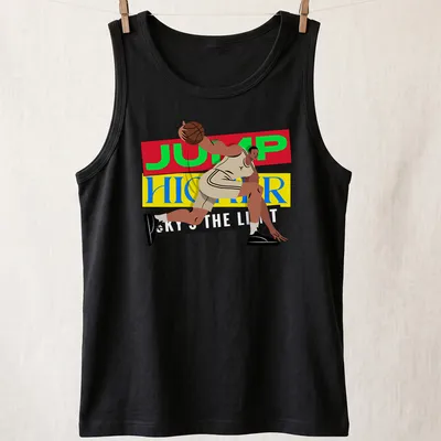 Boldly printed Jump Higher Sky's The Limit T-shirt featuring a basketball player — printed on a tank top