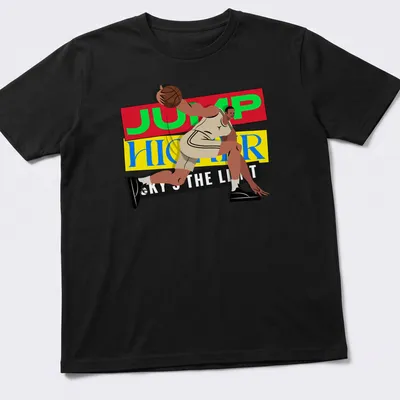 Boldly printed Jump Higher Sky's The Limit T-shirt featuring a basketball player