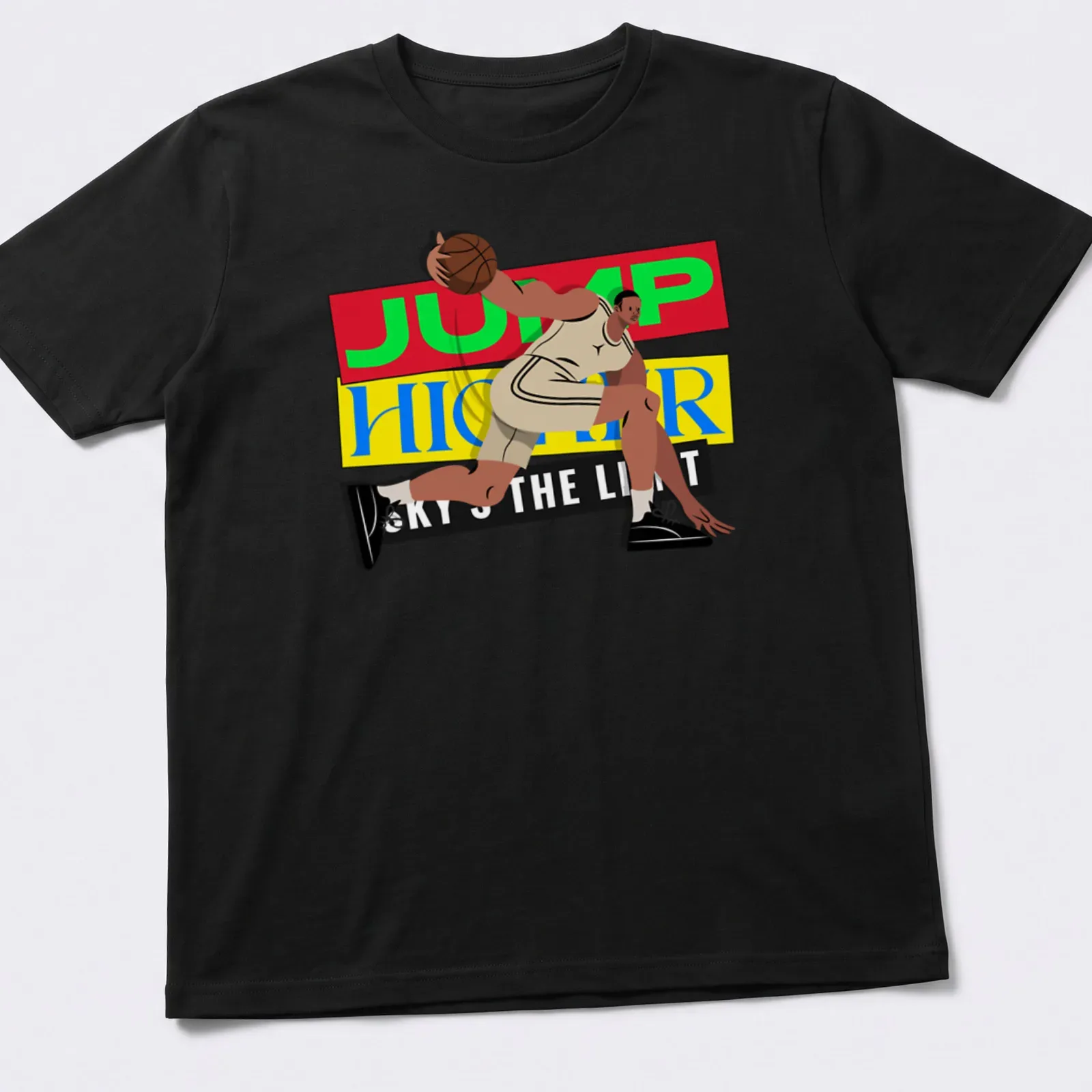 Boldly printed Jump Higher Sky's The Limit T-shirt featuring a basketball player — printed on a unisex t-shirt