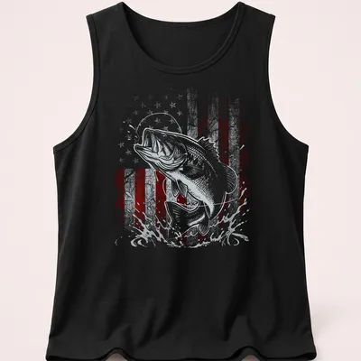 Bass fish jumping with an American flag background in vintage distressed style — printed on a tank top