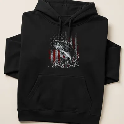 Bass fish jumping with an American flag background in vintage distressed style — printed on a unisex hoodie