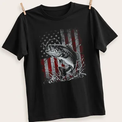 Bass fish jumping with an American flag background in vintage distressed style — printed on a unisex t-shirt