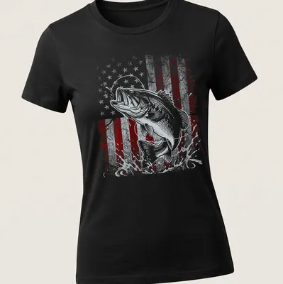 Bass fish jumping with an American flag background in vintage distressed style — printed on a women's shirt