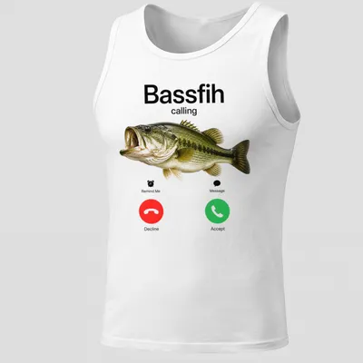 Realistic bass fish illustration with text 'Bassfih calling' in red and black — printed on a tank top