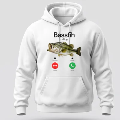Realistic bass fish illustration with text 'Bassfih calling' in red and black — printed on a unisex hoodie