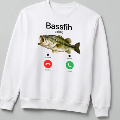 Realistic bass fish illustration with text 'Bassfih calling' in red and black — printed on a unisex sweatshirt