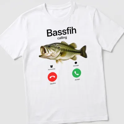 Realistic bass fish illustration with text 'Bassfih calling' in red and black