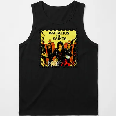 Vibrant illustration of Battalion of Saints band name in bold colors — printed on a tank top
