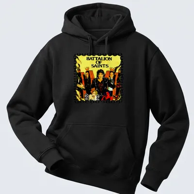 Vibrant illustration of Battalion of Saints band name in bold colors — printed on a unisex hoodie