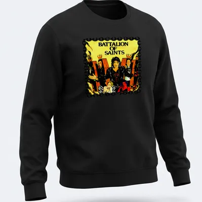 Vibrant illustration of Battalion of Saints band name in bold colors — printed on a unisex sweatshirt
