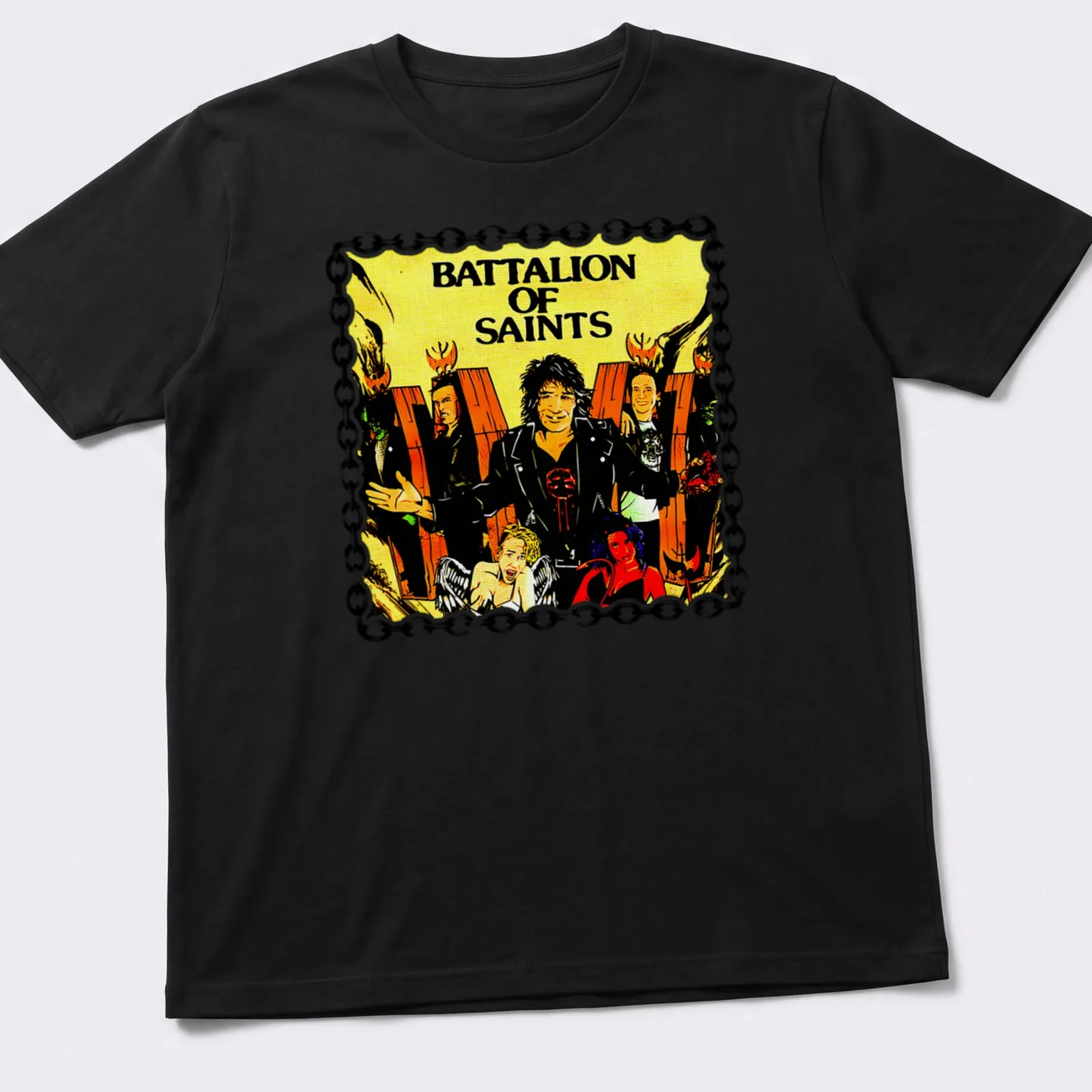 Vibrant illustration of Battalion of Saints band name in bold colors — printed on a unisex t-shirt