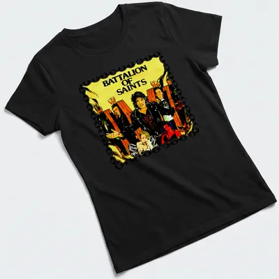 Vibrant illustration of Battalion of Saints band name in bold colors — printed on a women's shirt