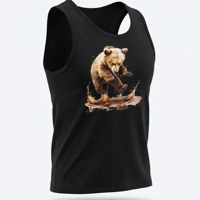 Watercolor splash t-shirt featuring a jumping bear cub in brown and cream tones — printed on a tank top