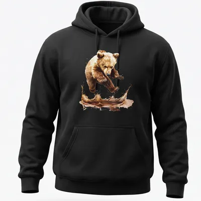 Watercolor splash t-shirt featuring a jumping bear cub in brown and cream tones — printed on a unisex hoodie