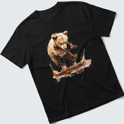 Watercolor splash t-shirt featuring a jumping bear cub in brown and cream tones