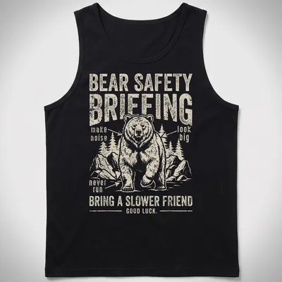 Vintage distressed shirt with bear safety tips and humorous text — printed on a tank top