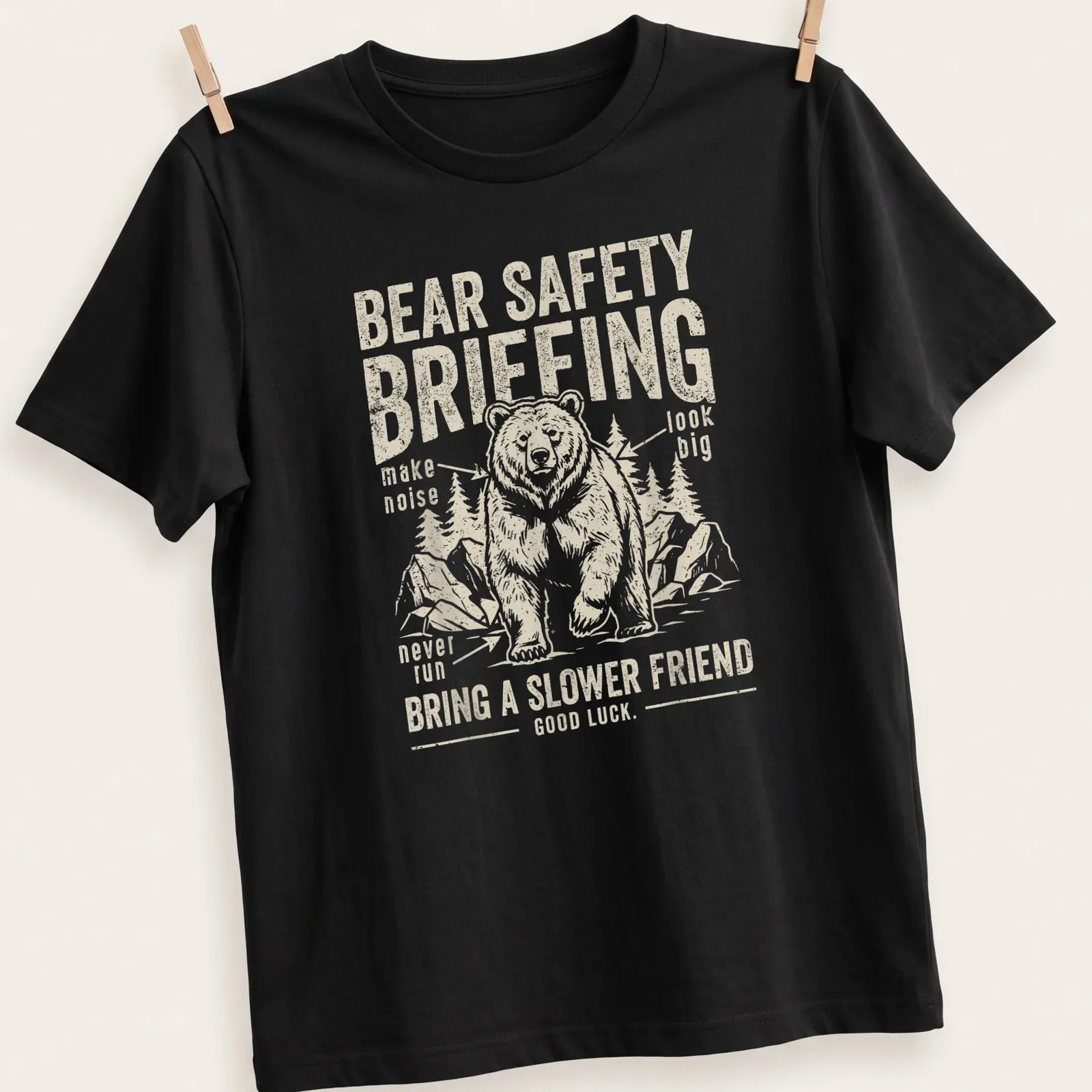 Vintage distressed shirt with bear safety tips and humorous text — printed on a unisex t-shirt