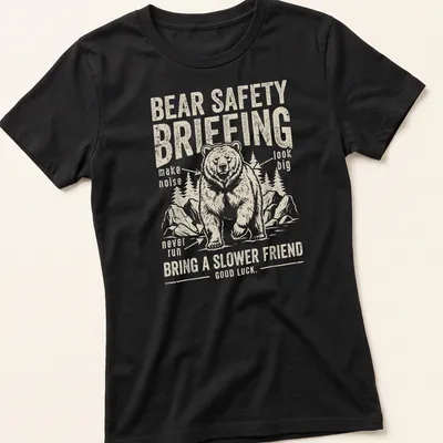 Vintage distressed shirt with bear safety tips and humorous text — printed on a women's shirt