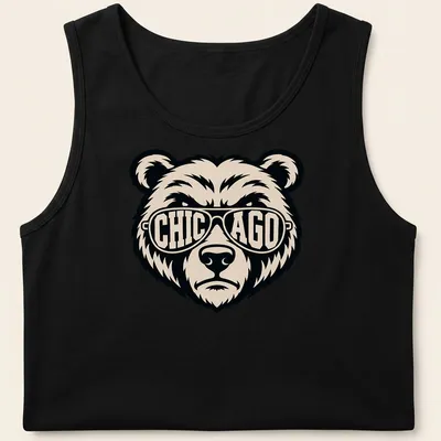 Graphic tee featuring a bear wearing sunglasses with bold text above — printed on a tank top