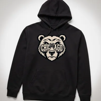 Graphic tee featuring a bear wearing sunglasses with bold text above — printed on a unisex hoodie