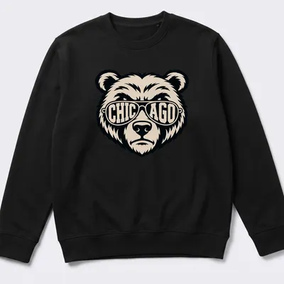 Graphic tee featuring a bear wearing sunglasses with bold text above — printed on a unisex sweatshirt