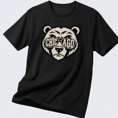 Graphic tee featuring a bear wearing sunglasses with bold text above