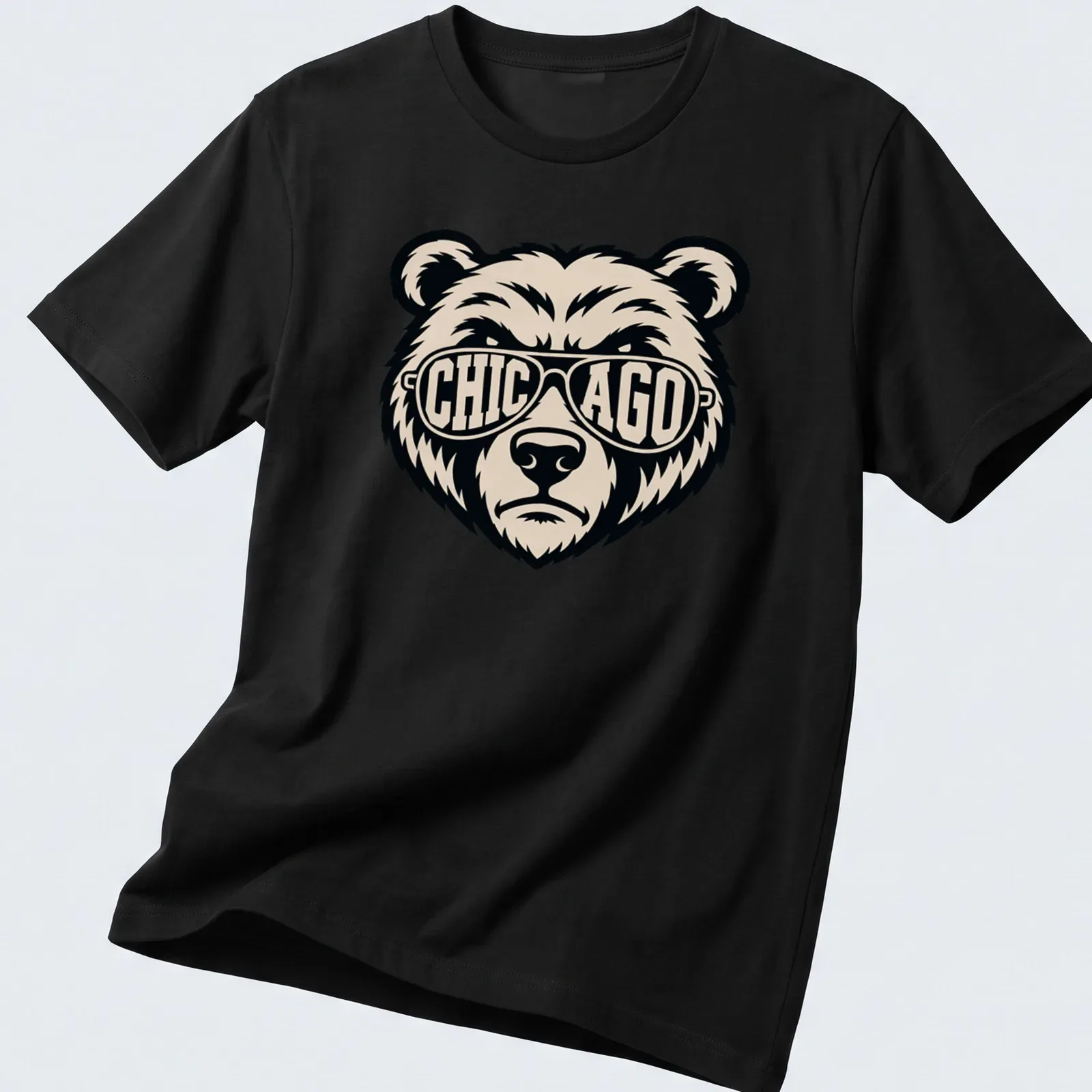 Graphic tee featuring a bear wearing sunglasses with bold text above — printed on a unisex t-shirt