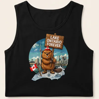 Cartoon beaver holding a sign that says Lake Ontario Forever in colorful design — printed on a tank top