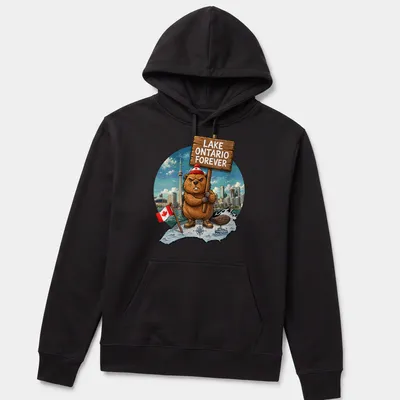 Cartoon beaver holding a sign that says Lake Ontario Forever in colorful design — printed on a unisex hoodie