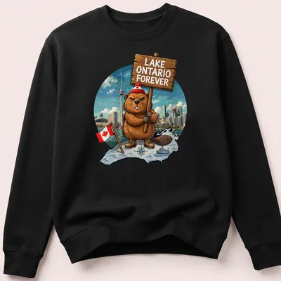 Cartoon beaver holding a sign that says Lake Ontario Forever in colorful design — printed on a unisex sweatshirt