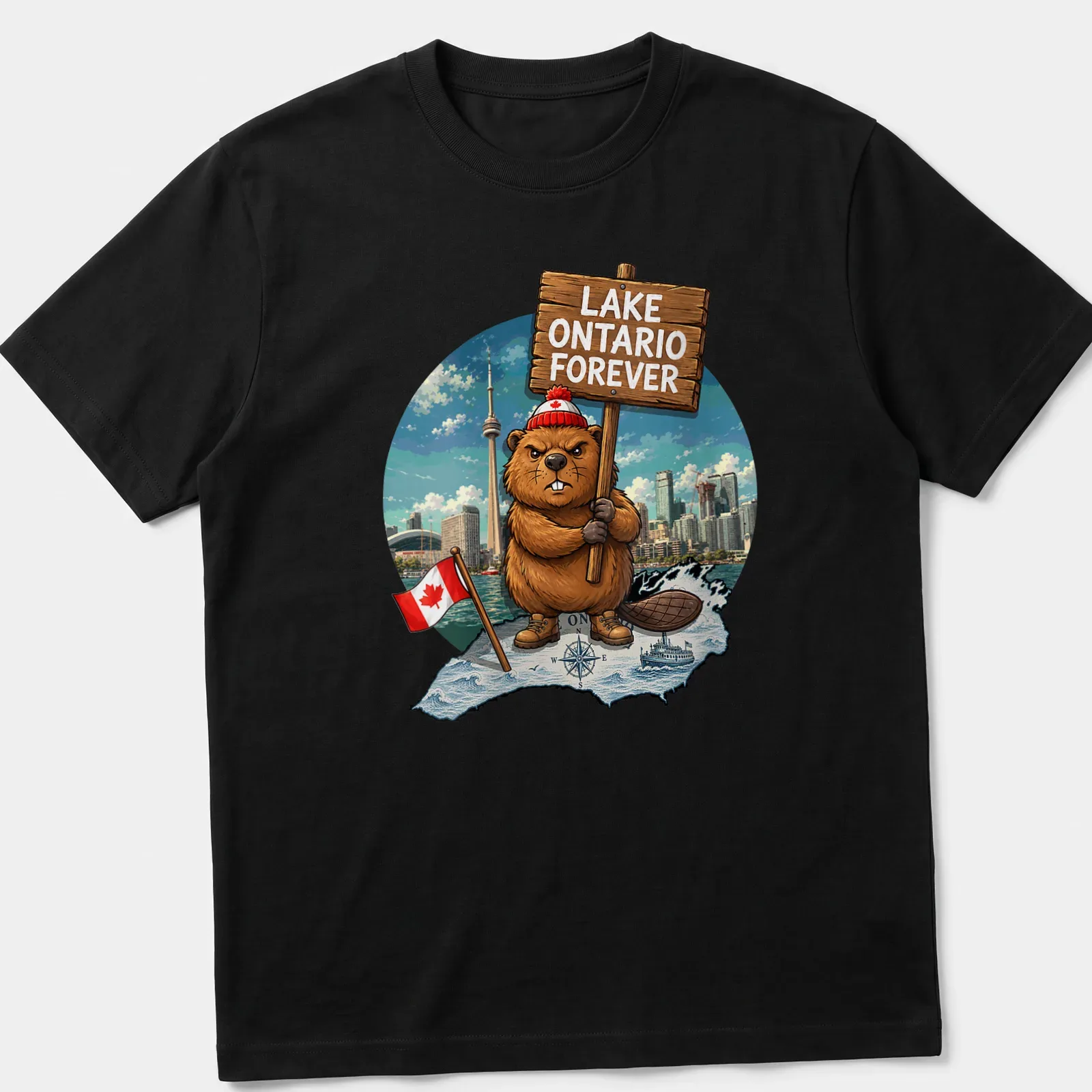 Cartoon beaver holding a sign that says Lake Ontario Forever in colorful design — printed on a unisex t-shirt