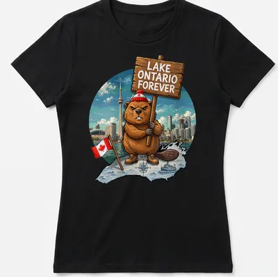 Cartoon beaver holding a sign that says Lake Ontario Forever in colorful design — printed on a women's shirt