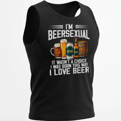 Illustrative t-shirt featuring the phrase about beer love, beer glasses and a barrel — printed on a tank top